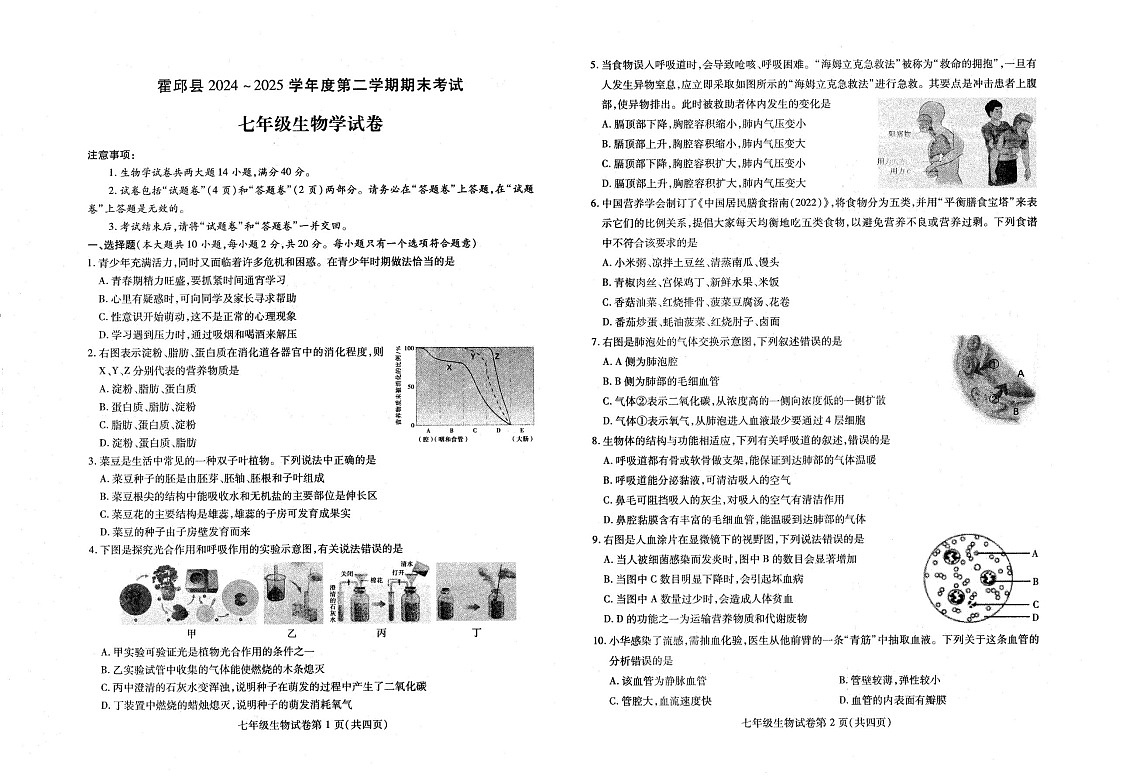 【7生（RJ）期末】六安市霍邱县2024-2025学年七年级下学期6月期末生物试卷第1页