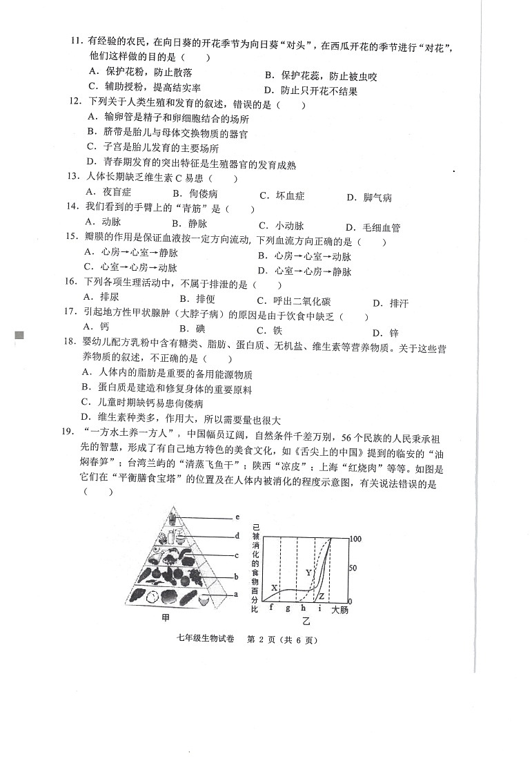 【7生（RJ）期末】芜湖市区2024-2025学年七年级下学期期末考试生物试卷第2页
