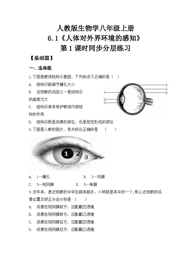 人教版初中生物八年级上册4.6.1《人体对外界环境的感知》第1课时 同步分层练习（含答案）第1页