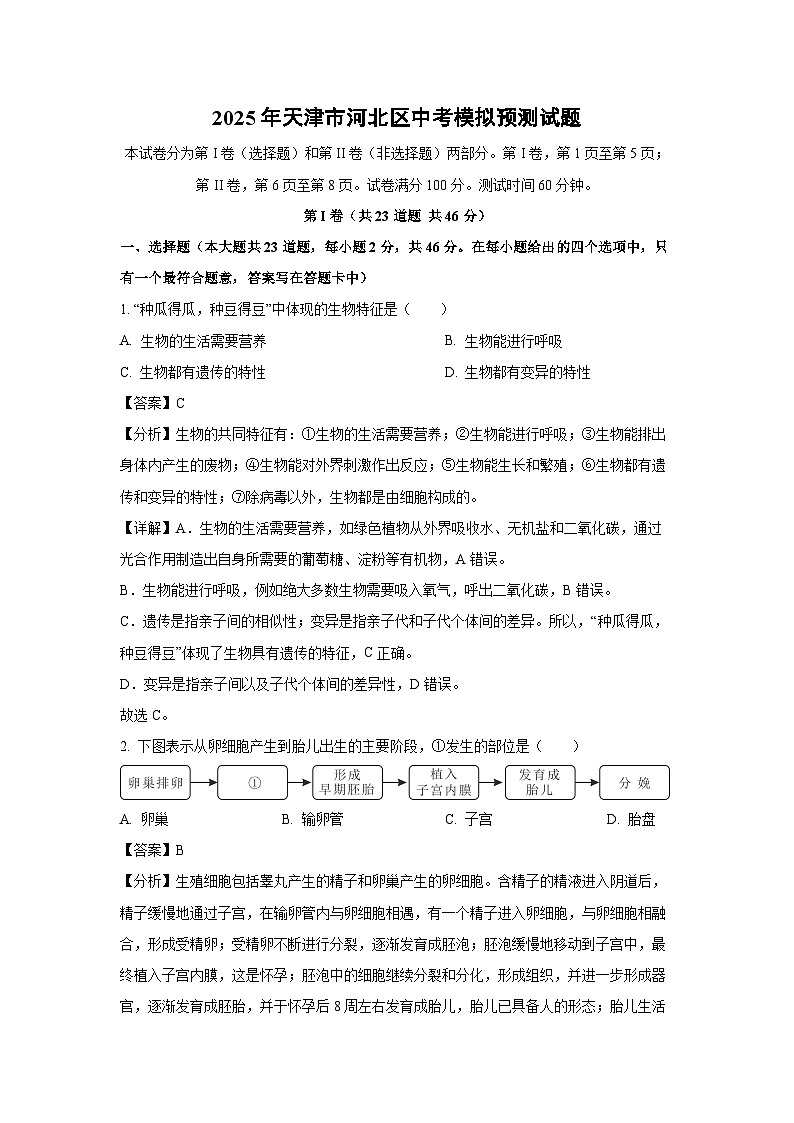2025年天津市河北区中考模拟预测生物试卷（解析版）第1页
