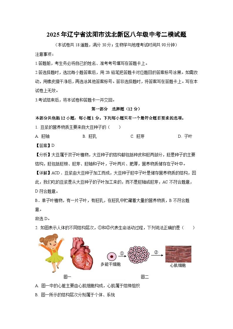 2025年辽宁省沈阳市沈北新区八年级中考二模[中考模拟]生物试卷（解析版）第1页