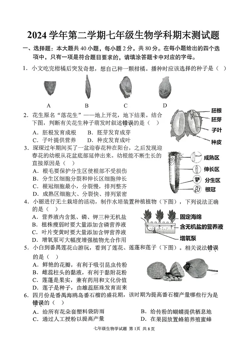 2025年番禺区七年级下学期期末生物考试卷（含答案）第1页
