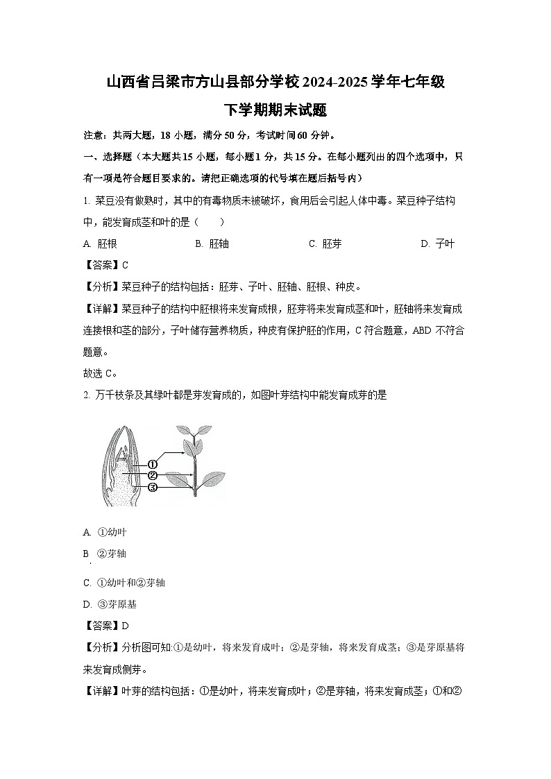 山西省吕梁市方山县部分学校2024-2025学年七年级下学期期末生物试卷（解析版）第1页
