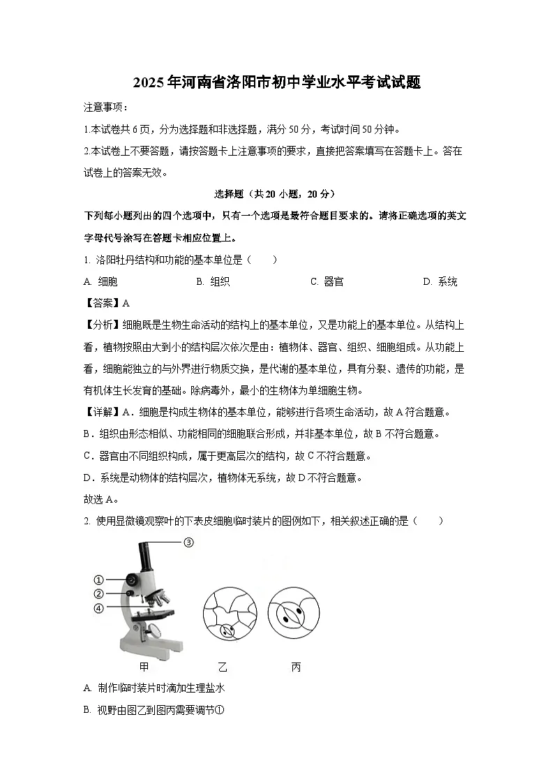 2025年河南省洛阳市初中学业水平考试生物试卷（解析版）第1页