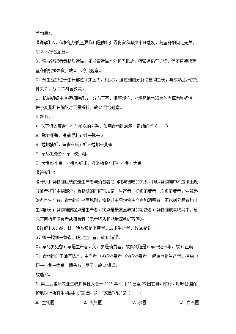 2025年云南省楚雄彝族自治州元谋县八年级中考二模[中考模拟]生物试卷（解析版）第3页