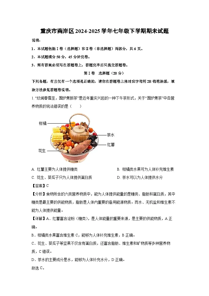 重庆市南岸区2024-2025学年七年级下学期期末生物试卷（解析版）第1页