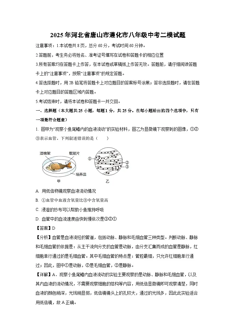 2025年河北省唐山市遵化市八年级中考二模[中考模拟]生物试卷（解析版）第1页