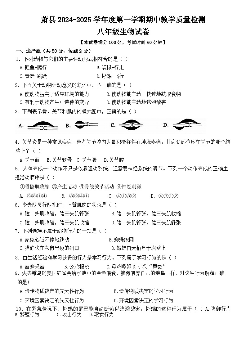 【8生（BS）期中】宿州市萧县2024-2025学年八年级上学期11月期中生物试题第1页