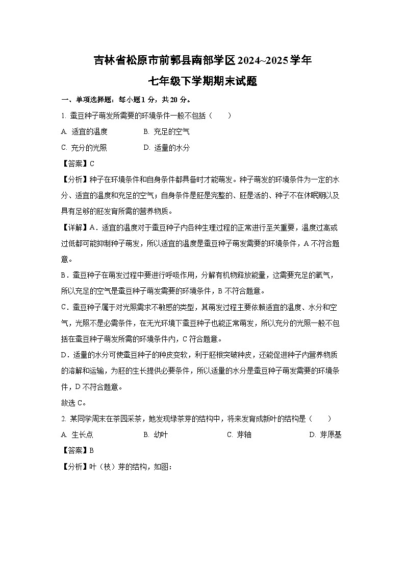 吉林省松原市前郭县南部学区2024~2025学年七年级下学期期末真题生物试卷（解析版）第1页