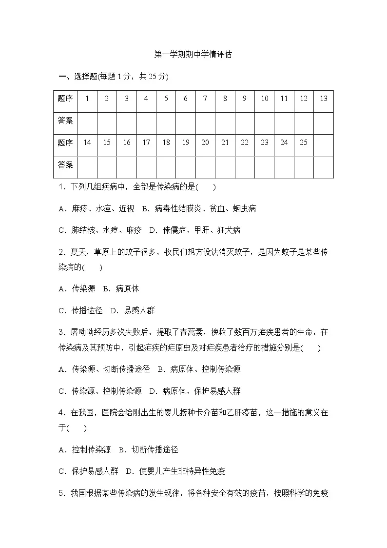 新冀少版八年级生物上册期中学情评估卷(含答案)第1页