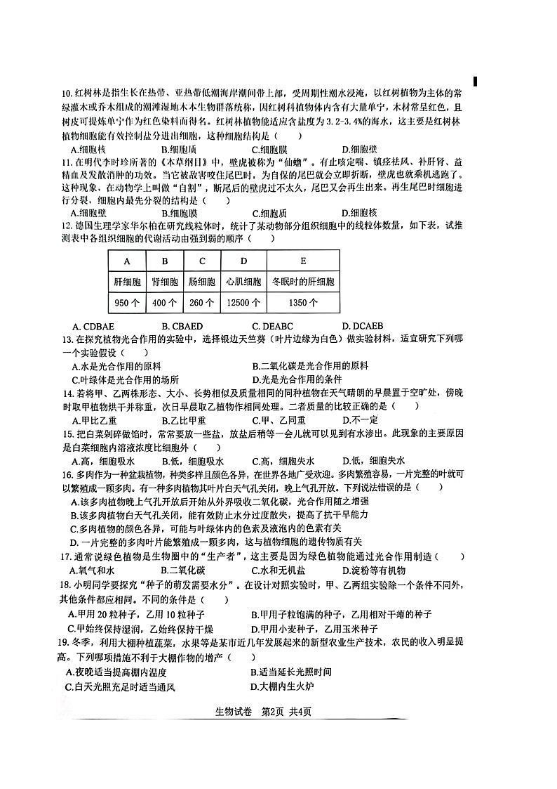 【7生（BS）期末】宿州市泗县2024-2025学年七年级上学期期末质量检测生物试卷第2页