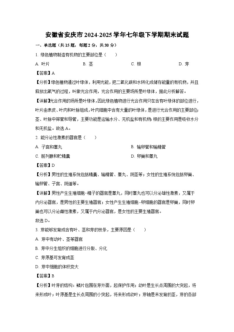 安徽省安庆市2024-2025学年七年级下学期期末生物试卷（解析版）第1页