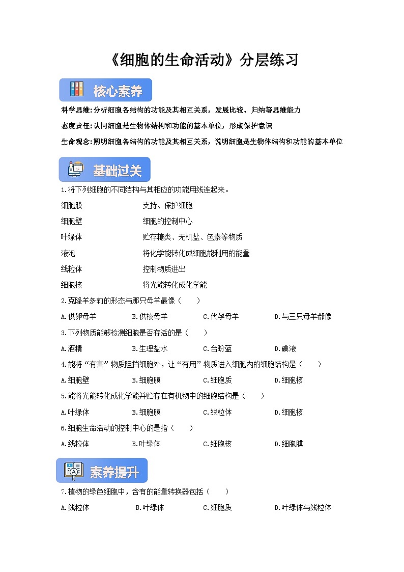 【核心素养】冀少版七上《细胞的生命活动》分层练习第1页