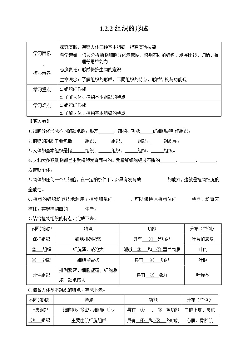 【导学案】冀少版七上1.2.2组织的形成第1页