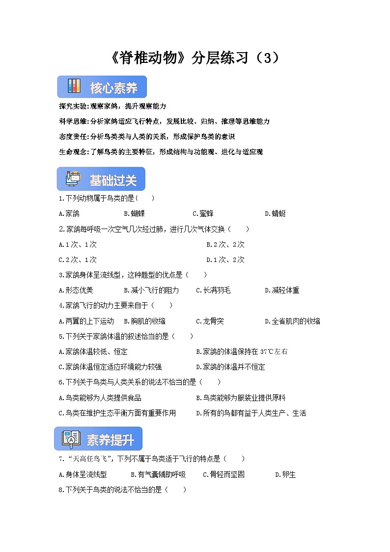 【核心素养】冀少版七上《脊椎动物》分层练习（3）第1页