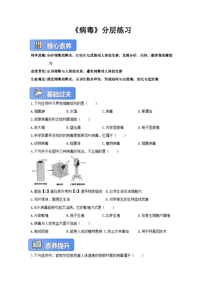 【核心素养】冀少版七上《病毒》分层练习第1页