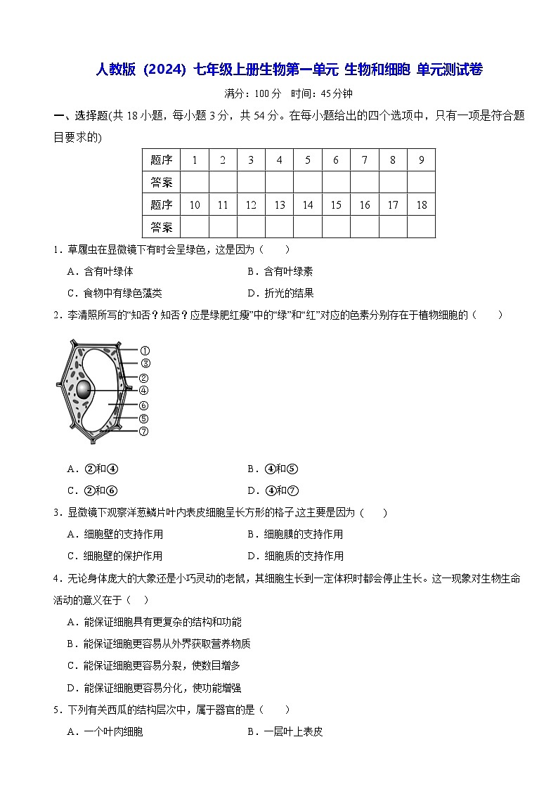 人教版（2024）七年级上册生物第一单元 生物和细胞 单元测试卷（含答案）第1页