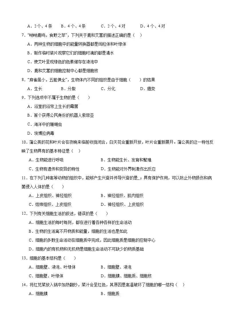 人教版（2024）七年级上册生物第一单元 生物和细胞 单元练习试卷（含答案）第2页