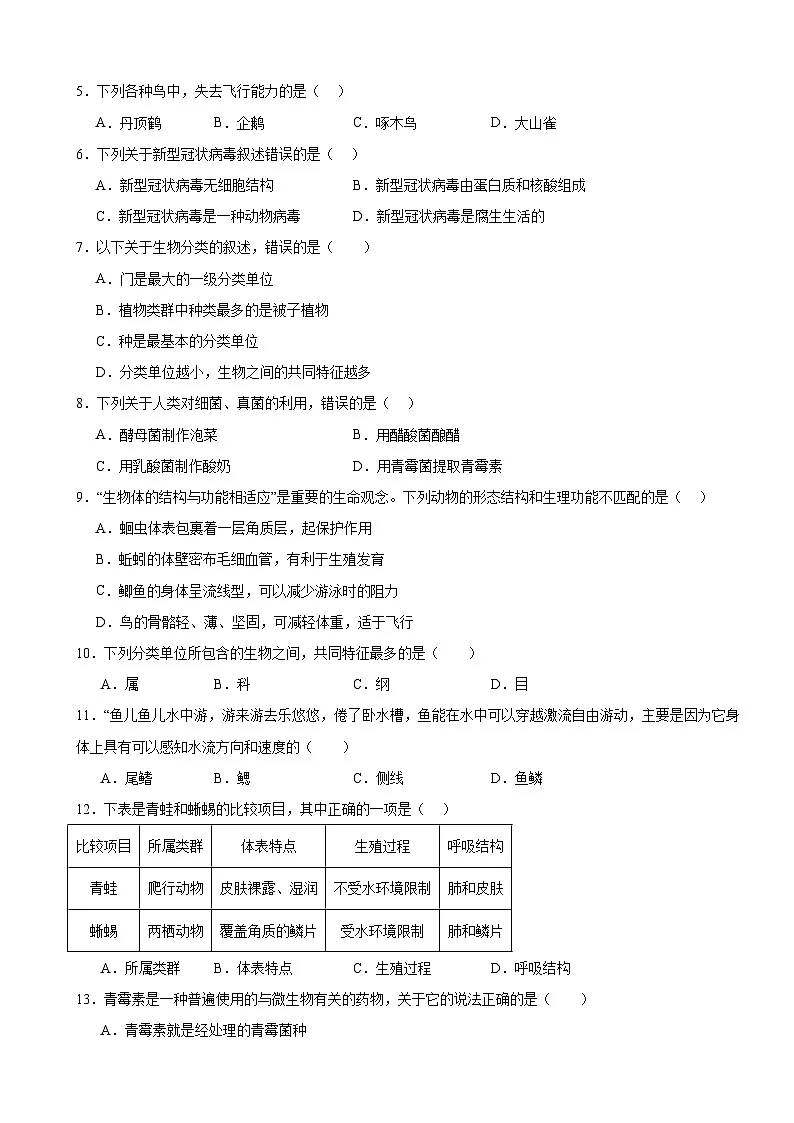 人教版（2024）七年级上册生物第二单元 多种多样的生物 学情调研测试卷（含答案）第2页