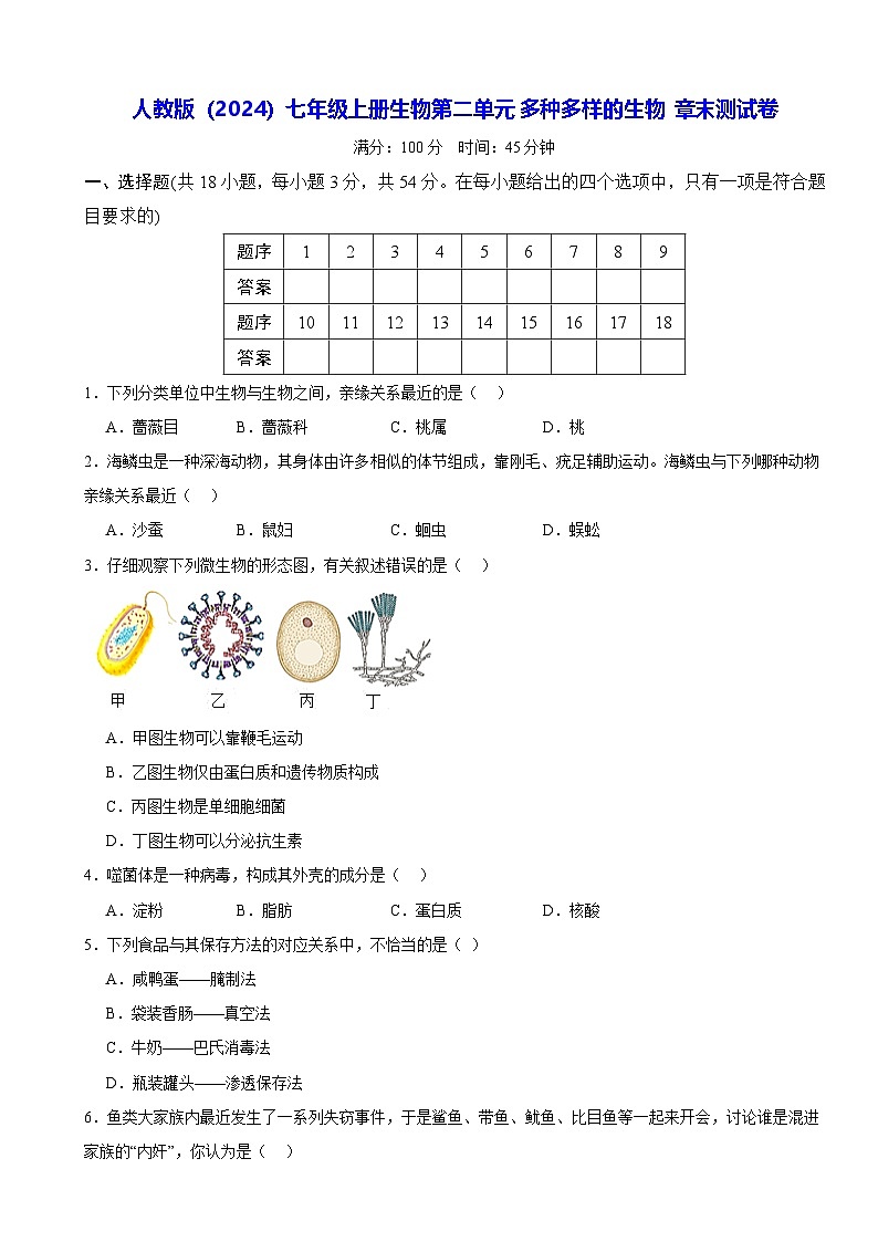 人教版（2024）七年级上册生物第二单元 多种多样的生物 章末测试卷（含答案）第1页