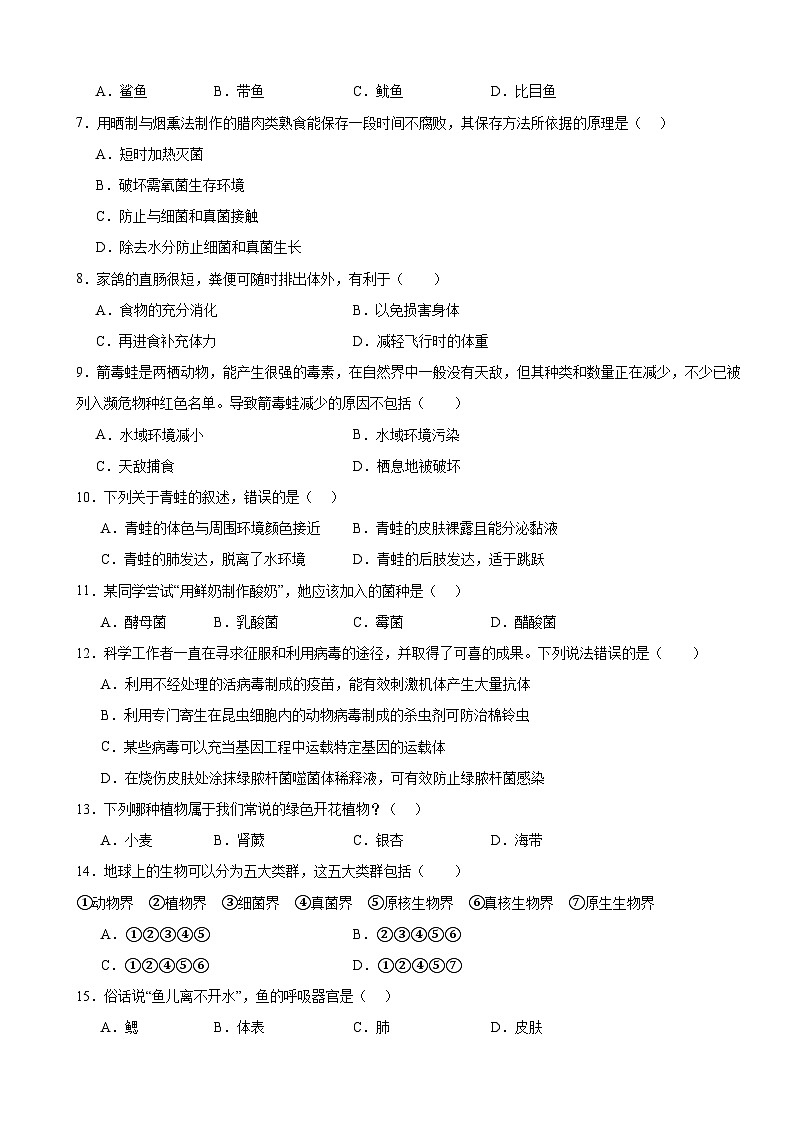 人教版（2024）七年级上册生物第二单元 多种多样的生物 章末测试卷（含答案）第2页