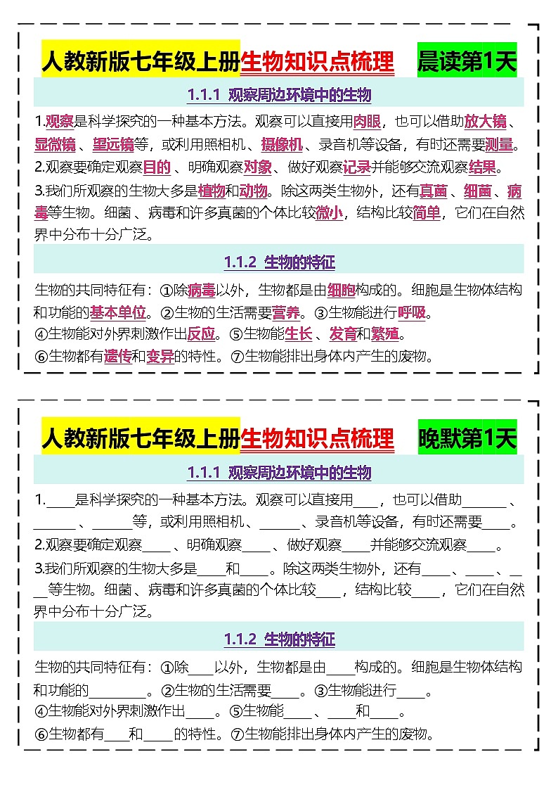 人教版（2024）七年级上册生物全册知识点提纲51天晨读晚默版第1页