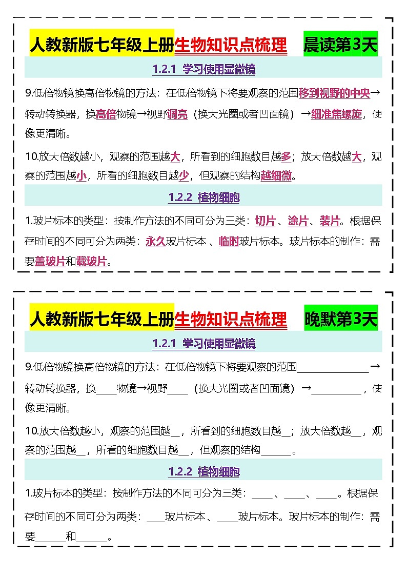人教版（2024）七年级上册生物全册知识点提纲51天晨读晚默版第3页