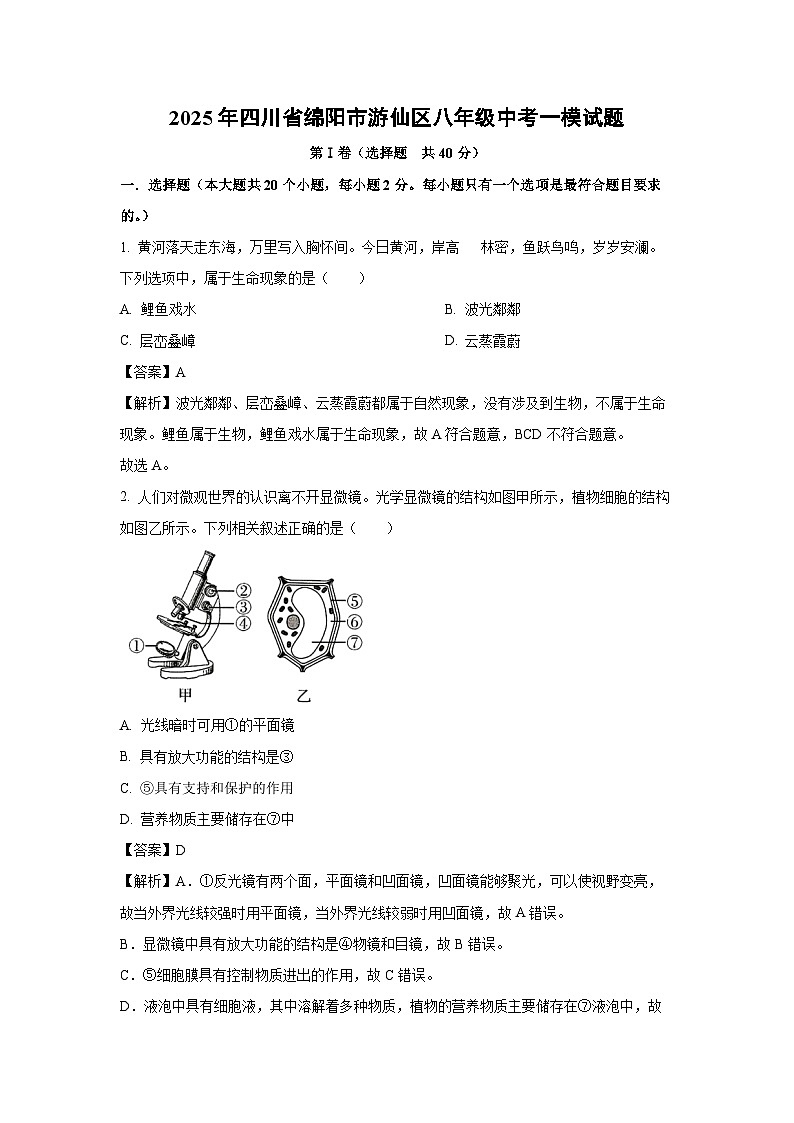 【生物】2025年四川省绵阳市游仙区八年级中考一模试题（解析版）第1页