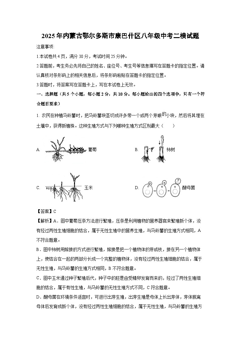 【生物】2025年内蒙古鄂尔多斯市康巴什区八年级中考二模试题（解析版）第1页