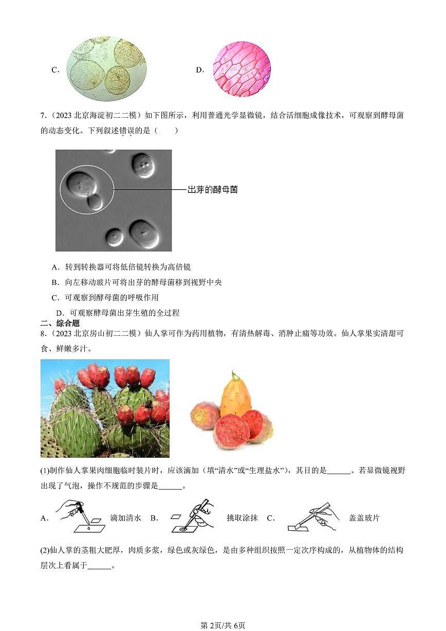 2023-2025北京初二二模生物汇编：细胞是生命活动的基本单位章节综合试卷 有解析第2页