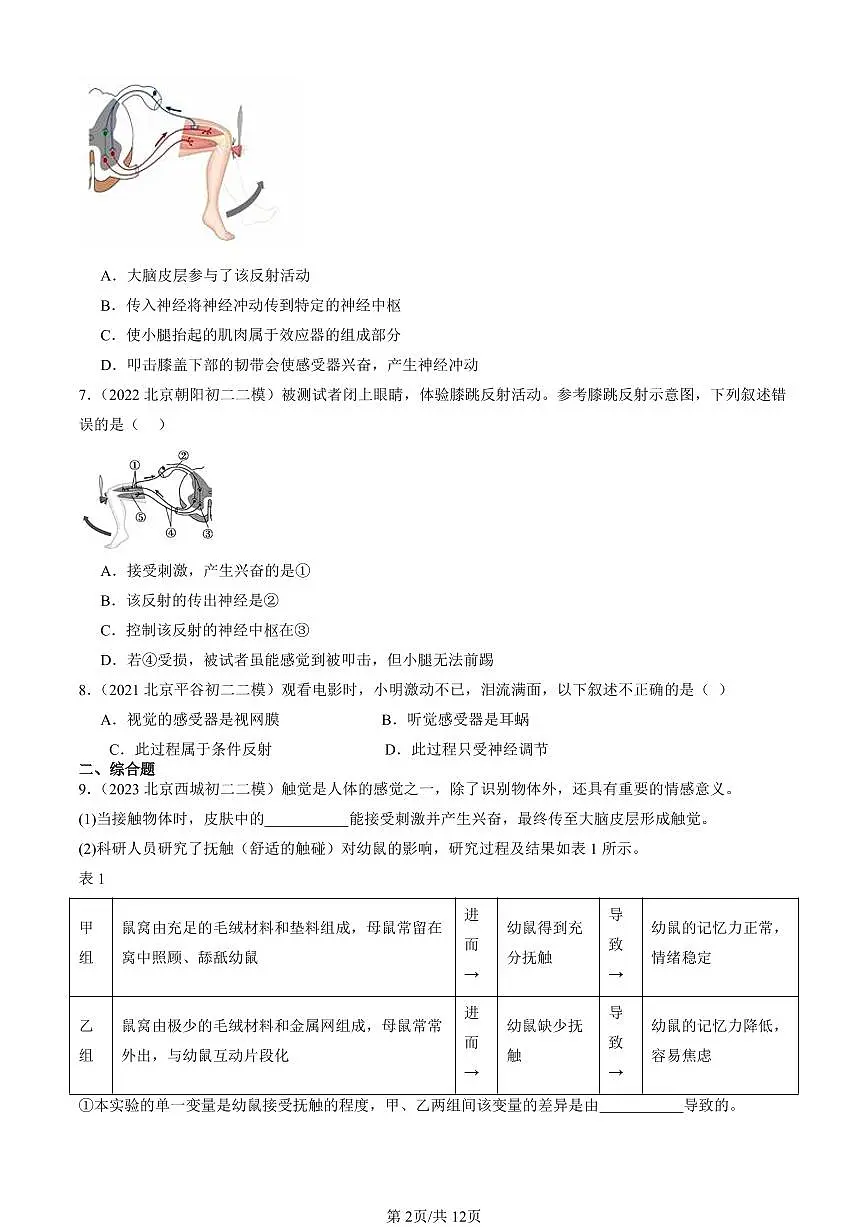 2021-2025北京初二二模生物汇编：神经调节的基本方式 有答案第2页
