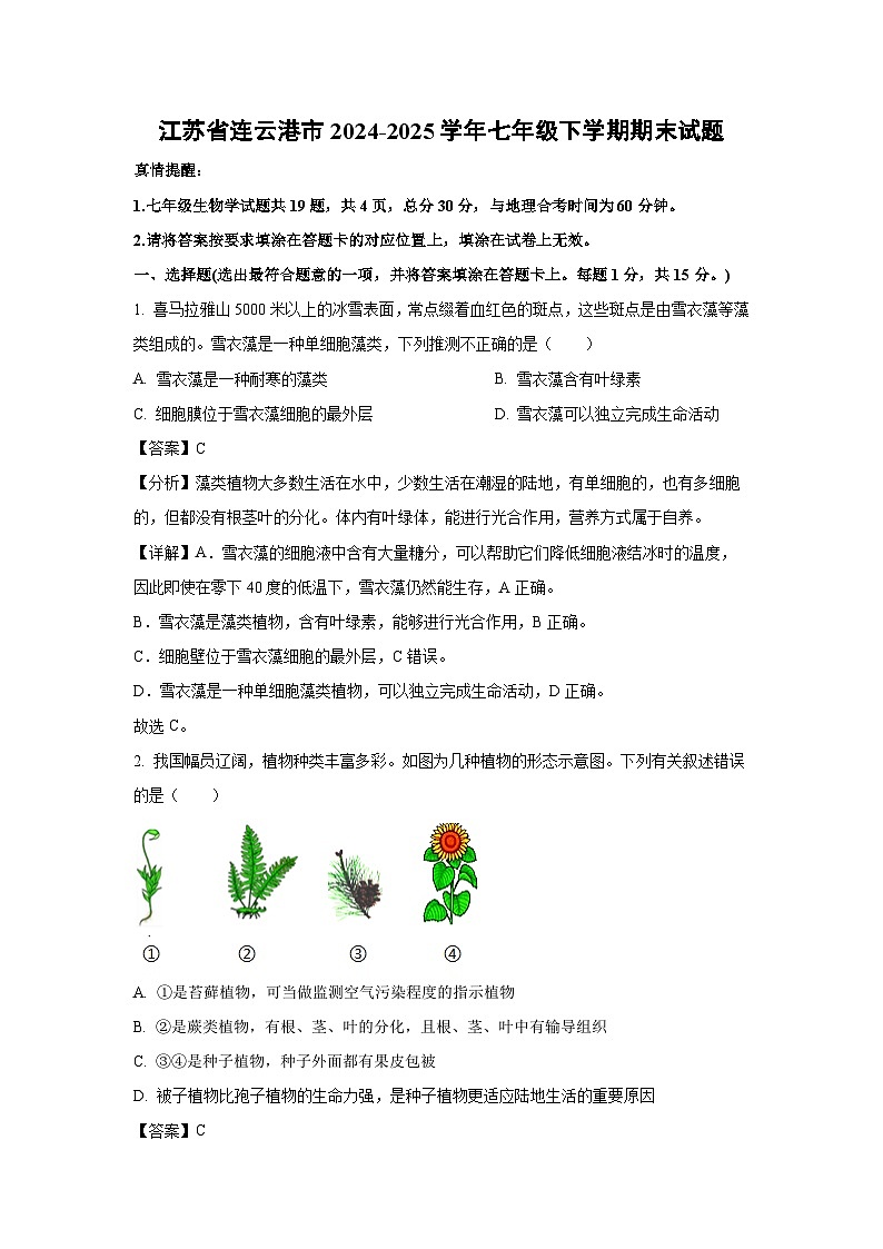 2024-2025学年江苏省连云港市七年级下学期期末生物试卷（解析版）第1页