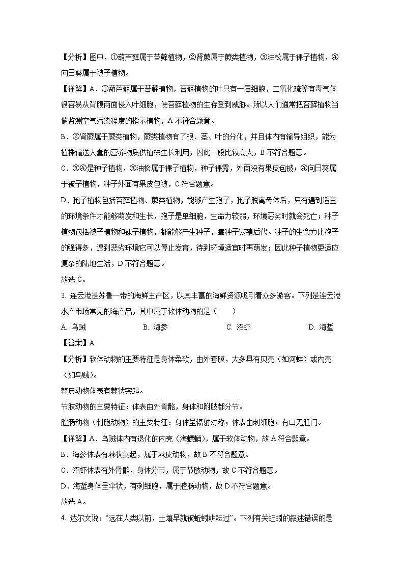 2024-2025学年江苏省连云港市七年级下学期期末生物试卷（解析版）第2页
