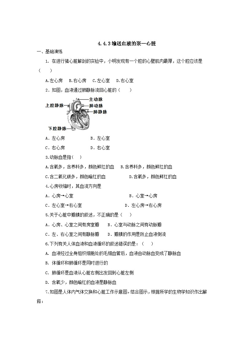 人教版七年级生物下册输送血液的泵—心脏同步练习试卷含答案第1页