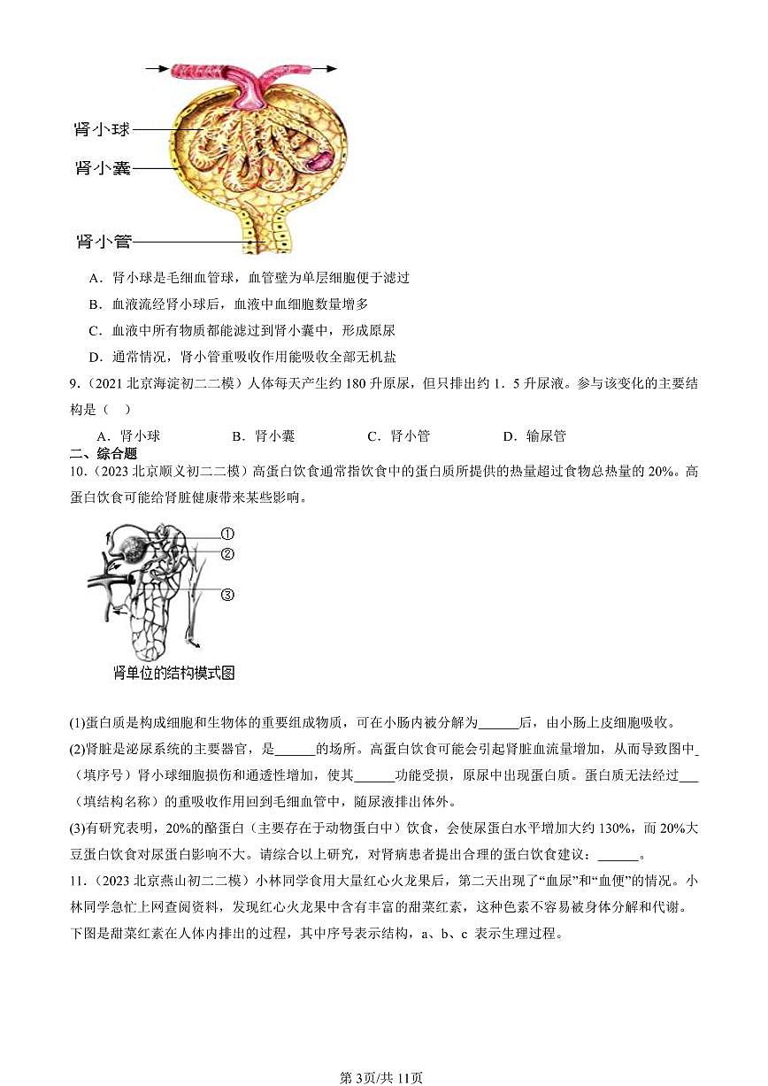 2021-2025北京初二二模生物汇编：尿液的形成和排出（京改版） 有解析第3页