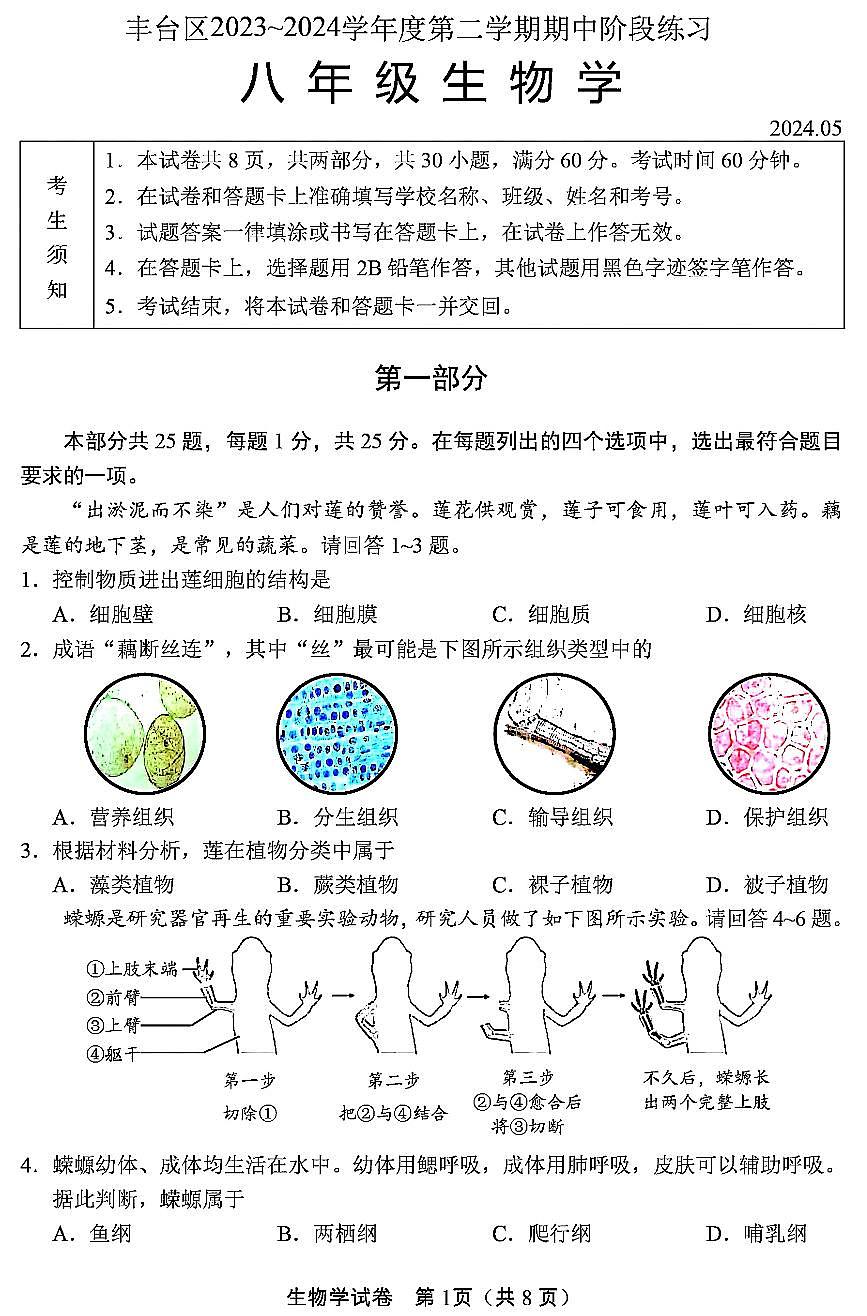 2024北京丰台初二（下）期中生物试卷第1页