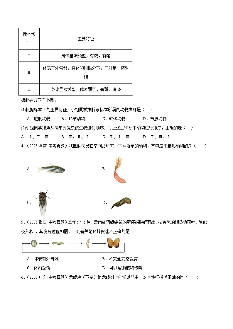 2025年中考生物真题分类汇编：专题03 动物的类群（全国通用）（第01期）（原卷版）第2页