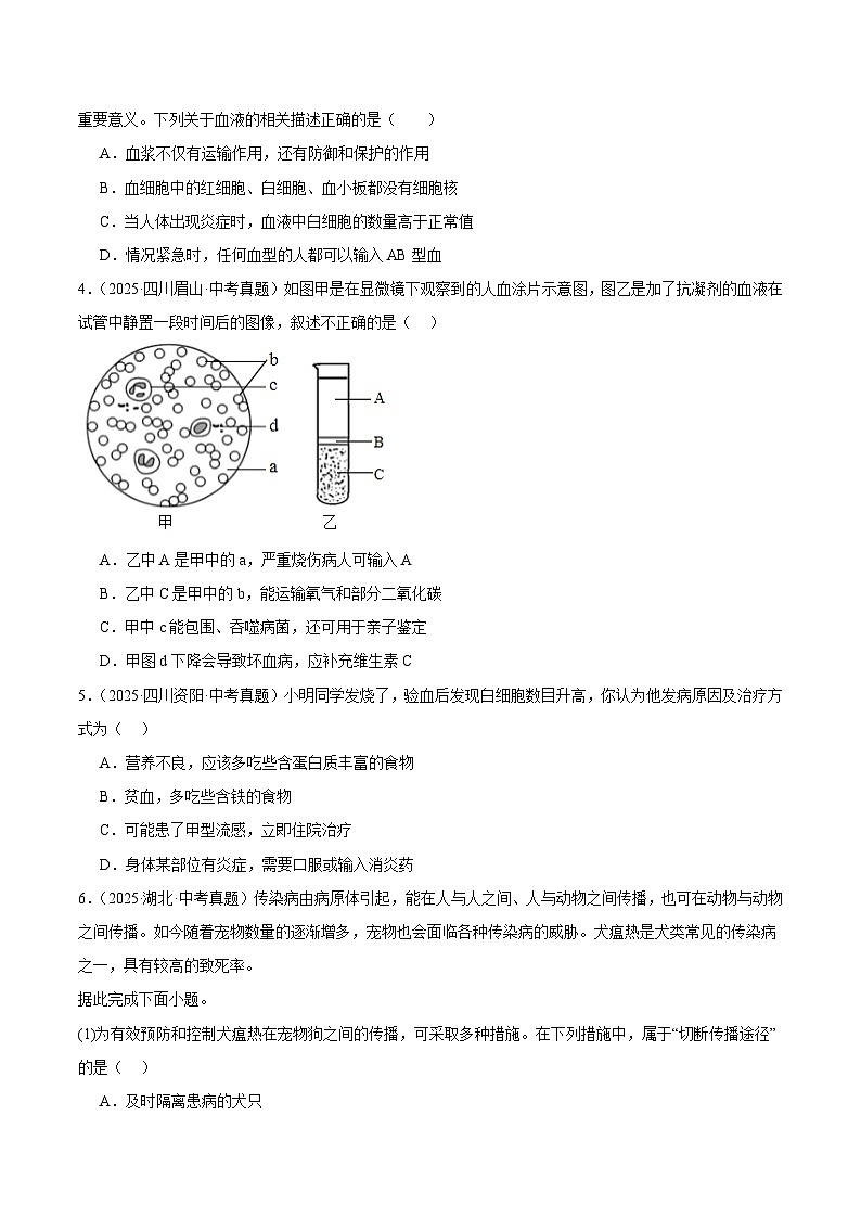 2025年中考生物真题分类汇编：专题09人体内物质的运输以及废物的排出（全国通用）（第01期）（原卷版）第2页