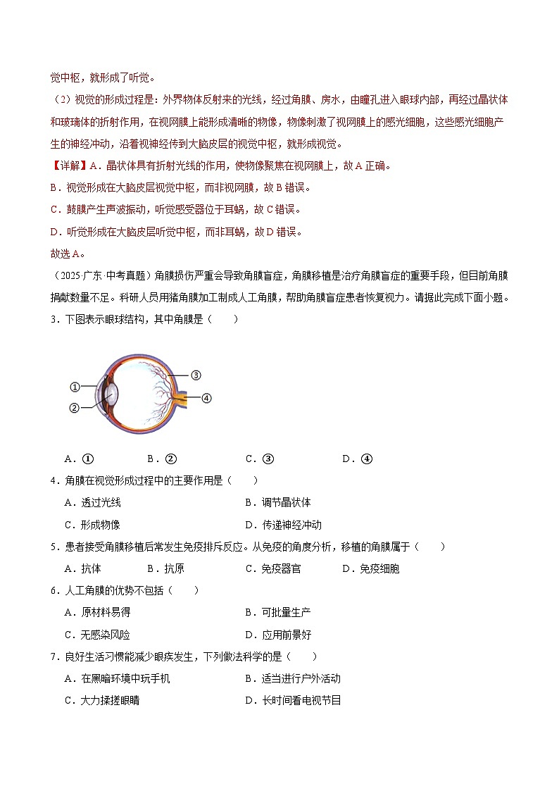 2025年中考生物真题分类汇编：专题10 人体生命活动的调节（全国通用）（第01期）（解析版）第2页