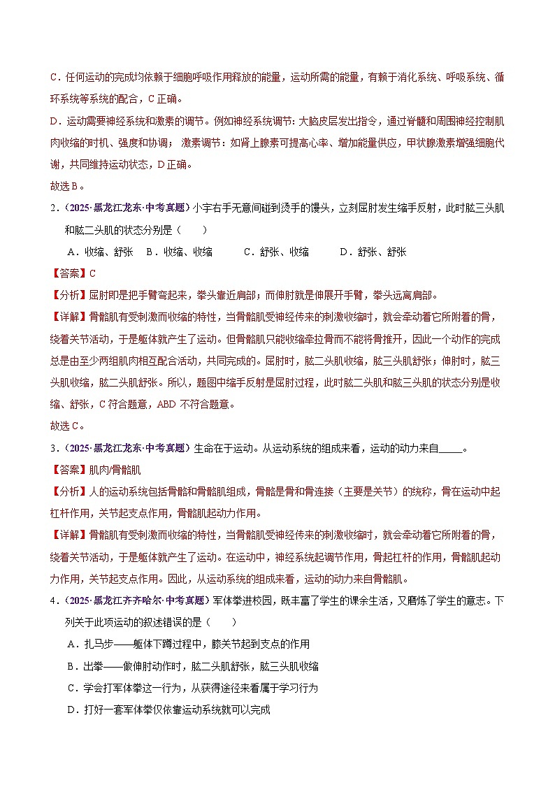2025年中考生物真题分类汇编：专题09 动物的运动和行为（全国通用）（第02期）（解析版）第2页