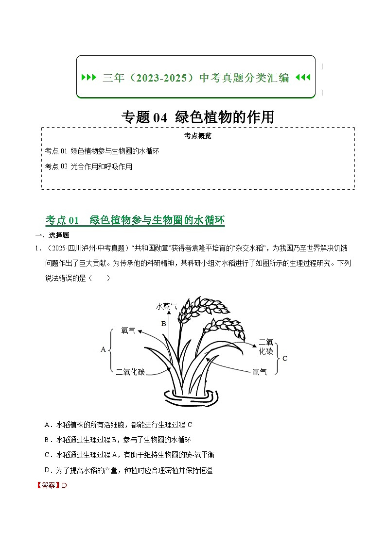 三年（2023-2025）中考生物真题分类汇编：专题04 绿色植物的作用（全国通用）（解析版）第1页