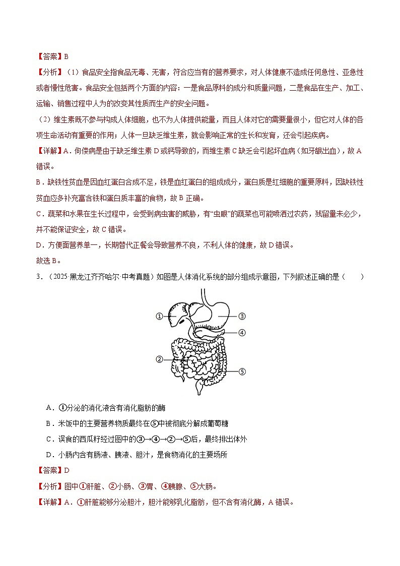 三年（2023-2025）中考生物真题分类汇编：专题05 人体的营养和呼吸（全国通用）（解析版）第2页