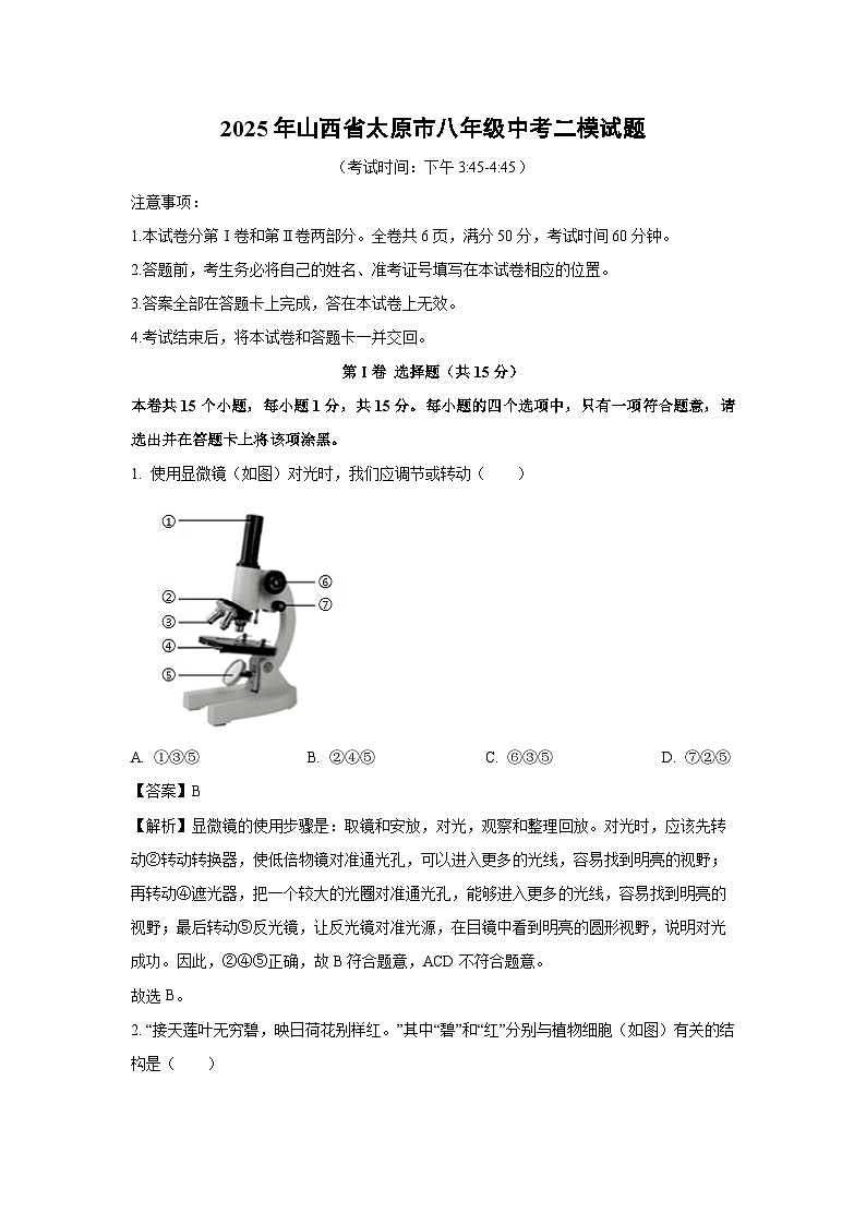 2025年山西省太原市八年级中考二模生物试卷（解析版）第1页