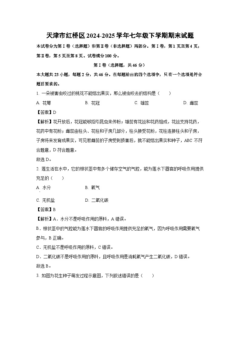 天津市红桥区2024-2025学年七年级下学期期末生物试卷（解析版）第1页