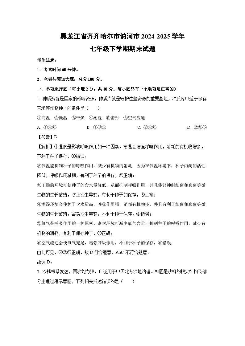 黑龙江省齐齐哈尔市讷河市2024-2025学年七年级下学期期末生物试卷（解析版）第1页