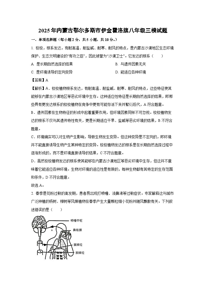 2025年内蒙古鄂尔多斯市伊金霍洛旗八年级三模生物试卷（解析版）第1页