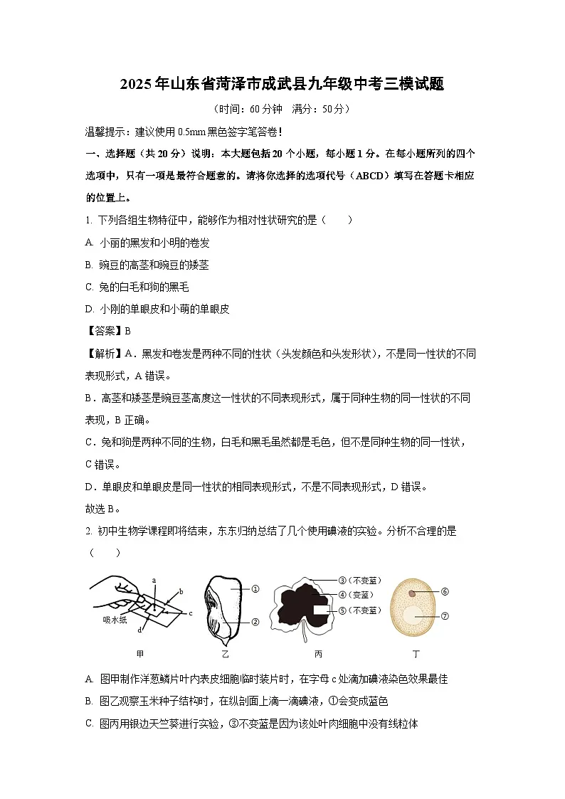 2025年山东省菏泽市成武县九年级中考三模生物试卷（解析版）第1页