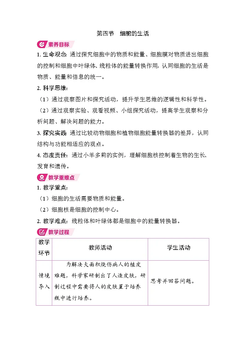 1.2.4 细胞的生活（教案）2025-2026学年人教版七年级生物上册第1页