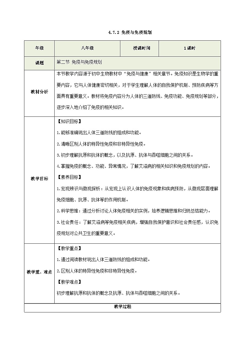 人教版生物八年级上册 4.7.2 免疫与免疫规划 同步教案第1页