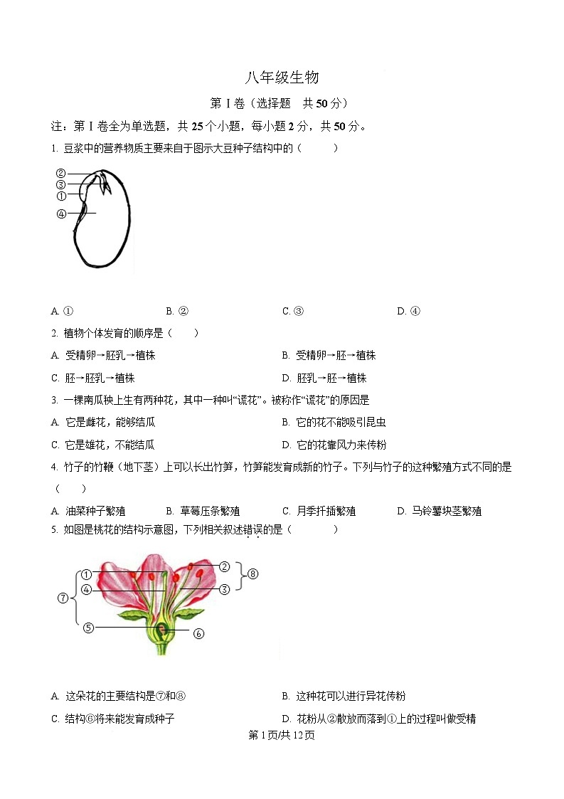 山东省济南市济阳区2024-2025学年八年级上学期期中生物学试题第1页
